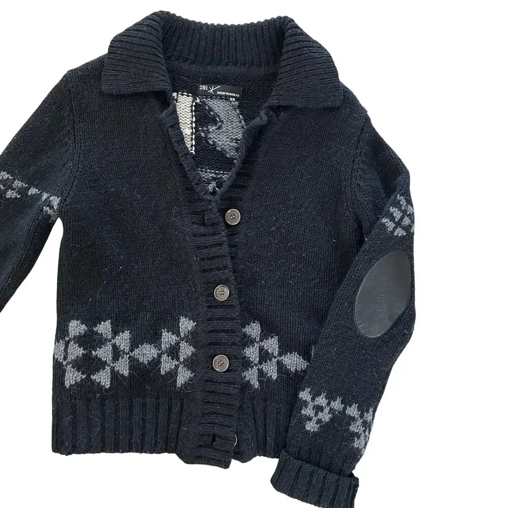291 Venice Wool Alpaca Cardigan Womens 3/L Black Shawl Collar Elbow Patch LA NY